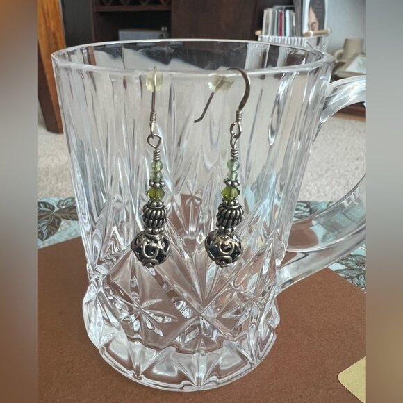 Boho Filigree Silver Bead Dangle Earrings Green Crystal Accent Artisan 2” - Picture 2 of 3